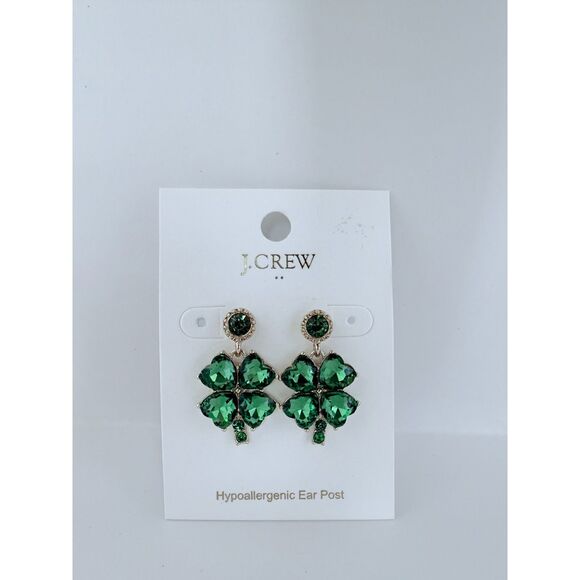 NWT J.Crew Factory Four Leaf Clover Green Gem Statement Earrings St Patricks Day - Picture 2 of 4